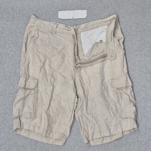 Reunion Men Shorts 36 Beige Linen Cargo Button 11" Inseam Outdoor Coastal Beach